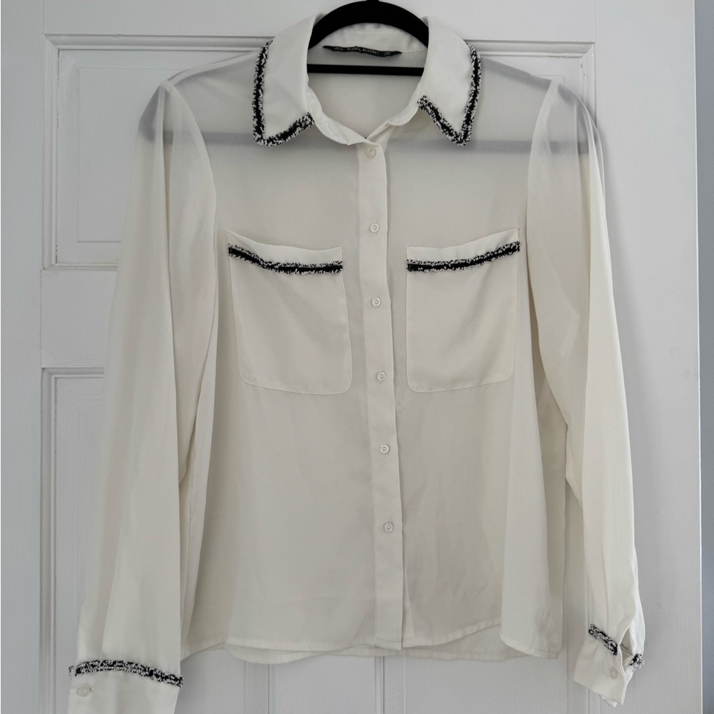 Zara White Button Down Shirt with Tweed Accents